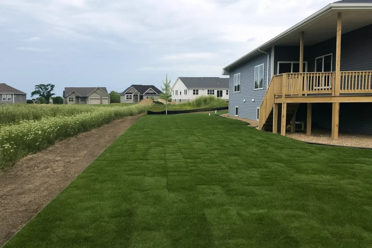Side yard showing trench and prepped soil before full sod coverage in a Sod Installation Service by Worthy Landscaping in Montgomery County.