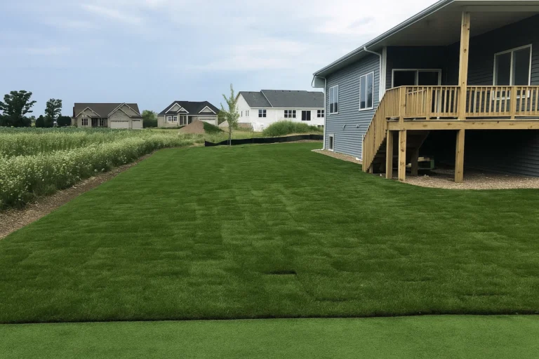 Side yard view with new sod blending into existing turf during a Sod Installation Service by Worthy Landscaping in Montgomery County.