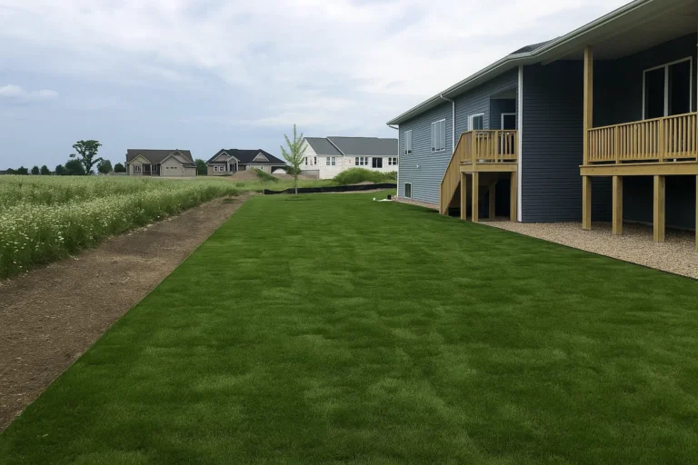 Side view of partially installed sod with aligned seams beside a home during a Sod Installation Service by Worthy Landscaping in Montgomery County.
