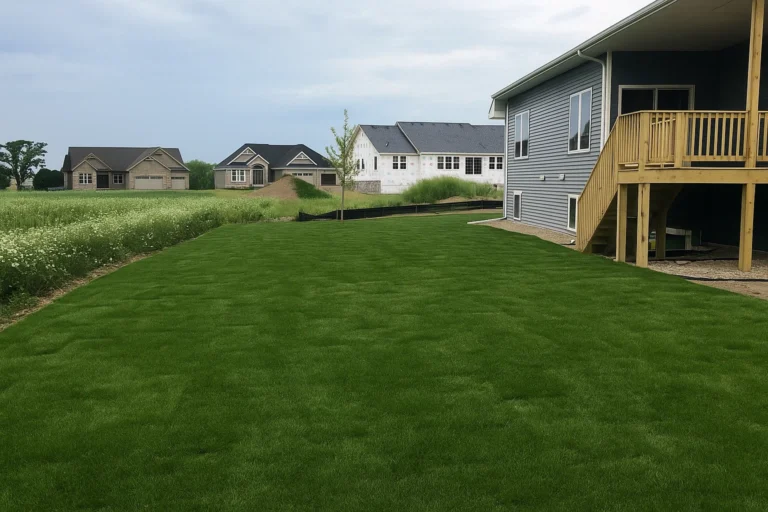 Finished sod lawn following a gentle side yard slope after a Sod Installation Service by Worthy Landscaping in Montgomery County.