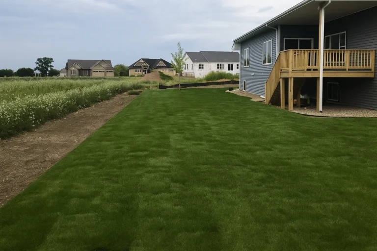 Under-construction side yard with bare patches and installed sod sections during a Sod Installation Service by Worthy Landscaping in Montgomery County.