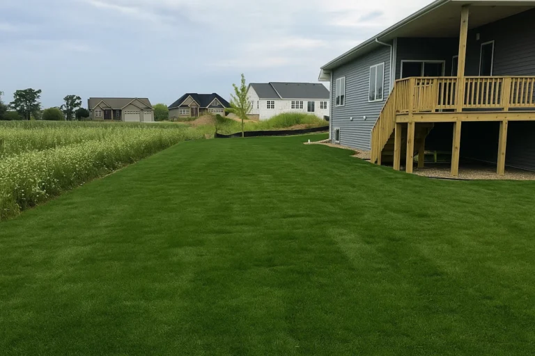 View across yard showing contrast between old grass and new prepared soil during a Sod Installation Service by Worthy Landscaping in Montgomery County.