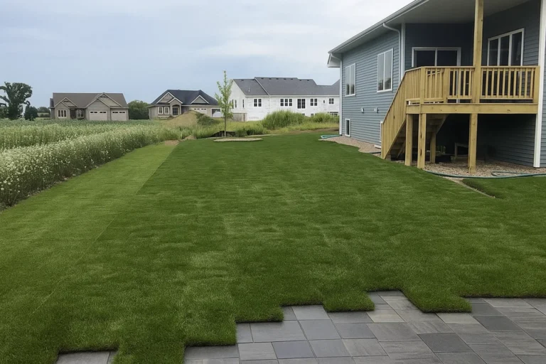 Before-finished image of side lawn in transition from weeds to sod during a Sod Installation Service by Worthy Landscaping in Montgomery County.