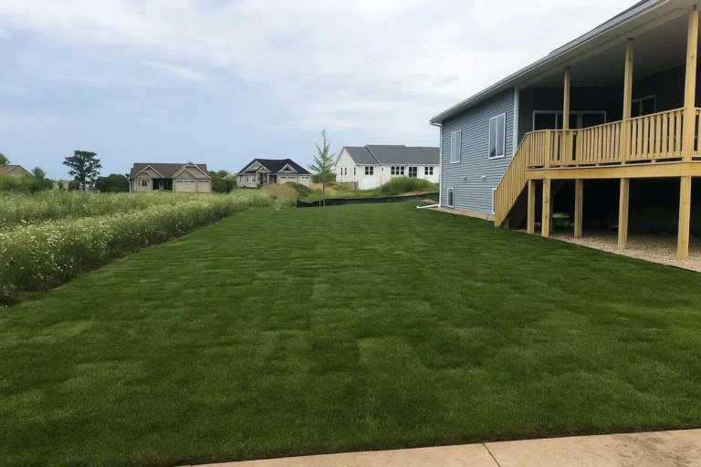 Wide view of freshly sodded side yard with smooth