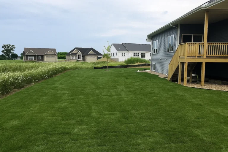 New sod rolls being aligned against existing lawn along the side of a house during a Sod Installation Service by Worthy Landscaping in Montgomery County.