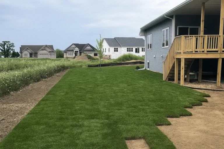 Before-finished view of mixed old lawn and new sod seams during a Sod Installation Service by Worthy Landscaping in Montgomery County.
