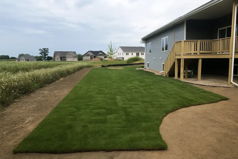 Rows of newly placed sod forming a clean border along a fence during a Sod Installation Service by Worthy Landscaping in Montgomery County.