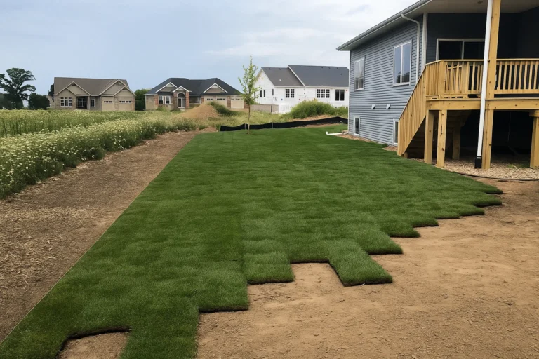 Half-finished side yard lawn showing installed sod and exposed soil during a Sod Installation Service by Worthy Landscaping in Montgomery County.