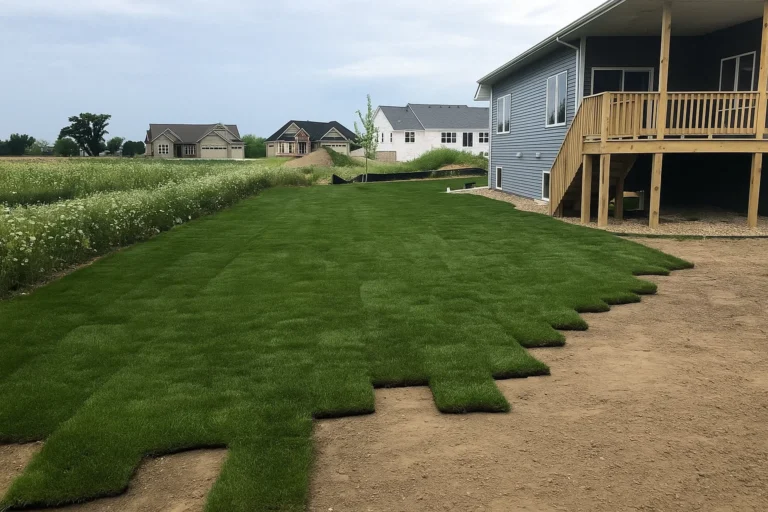 Interlocking sod squares forming a uniform pattern near the home foundation during a Sod Installation Service by Worthy Landscaping in Montgomery County.