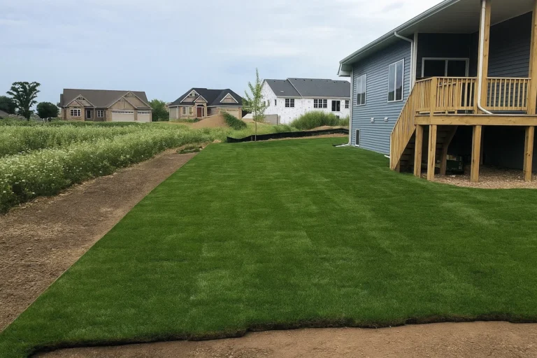bright green lawn filling a narrow side strip after a Sod Installation Service by Worthy Landscaping in Montgomery County.