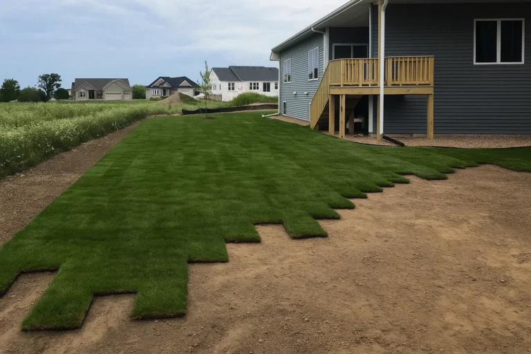 Exposed soil tapering into existing grass along side of house during a Sod Installation Service by Worthy Landscaping in Montgomery County.