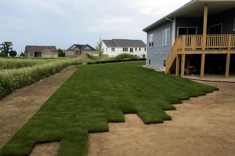 Partially finished sod surface showing contrasting green sod and brown soil during a Sod Installation Service by Worthy Landscaping in Montgomery County.