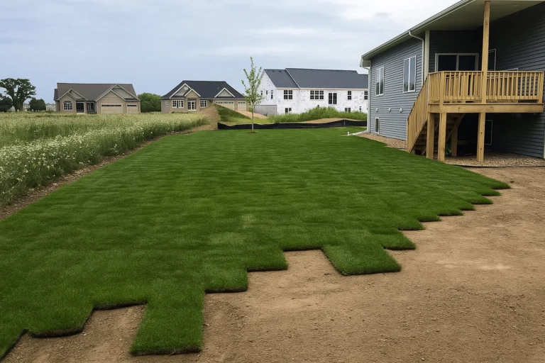 Interlocking sod patches meeting a mulch bed edge during a Sod Installation Service by Worthy Landscaping in Montgomery County.