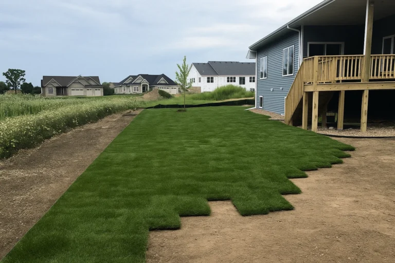 Newly placed sod hugging the side of a foundation wall during a Sod Installation Service by Worthy Landscaping in Montgomery County.
