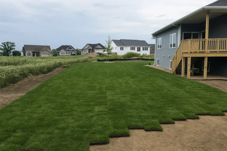 Partially rolled-out sod following a narrow side yard corridor during a Sod Installation Service by Worthy Landscaping in Montgomery County.