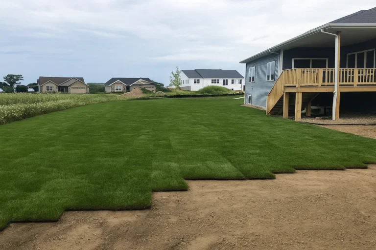 even strip of new sod running beside the house after a Sod Installation Service by Worthy Landscaping in Montgomery County.