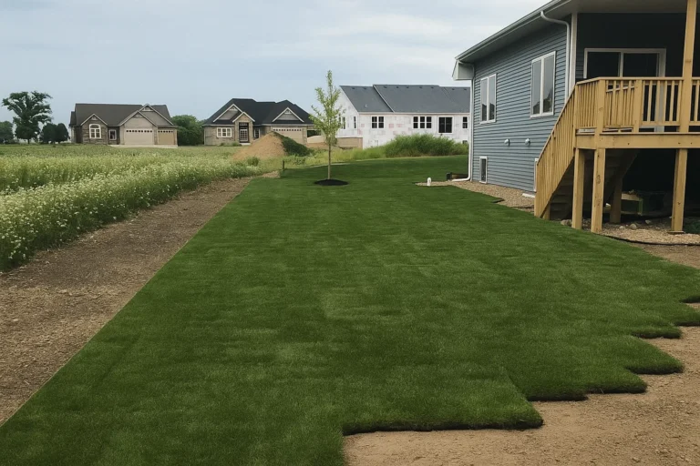 continuous lawn plane with new sod from corner to corner after a Sod Installation Service by Worthy Landscaping in Montgomery County.