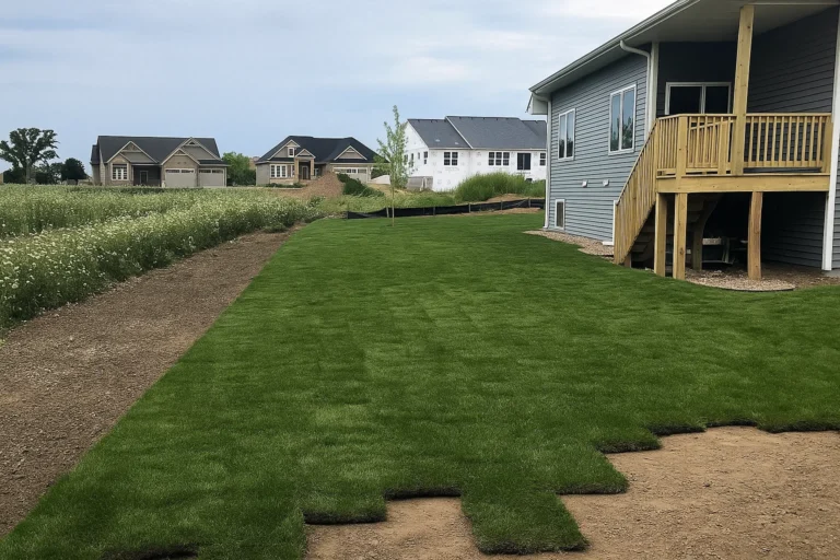 Side view of property showing full sod coverage around a patio after a Sod Installation Service by Worthy Landscaping in Montgomery County.