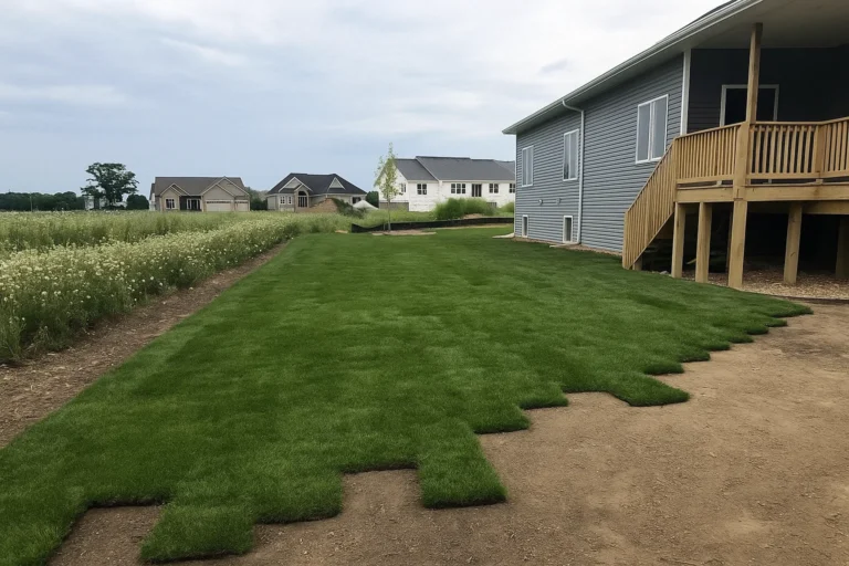 New sod lawn providing a tidy green frame for the home after a Sod Installation Service by Worthy Landscaping in Montgomery County.