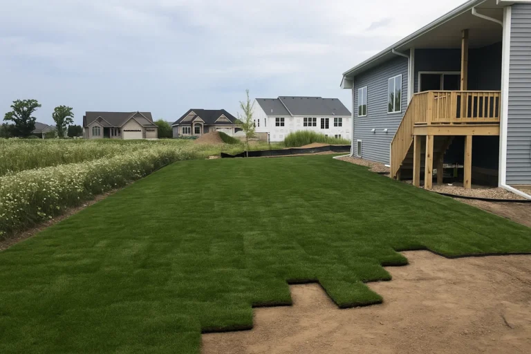 Front-to-back view of uniform sod along the house after a Sod Installation Service by Worthy Landscaping in Montgomery County.