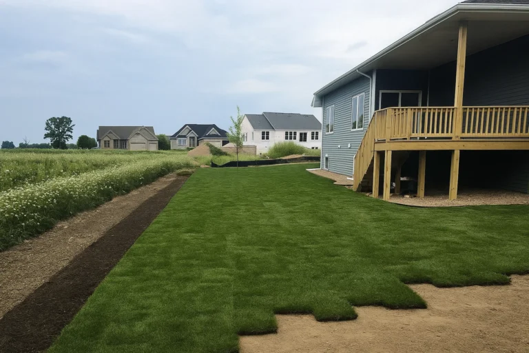 Fresh green sod being fitted in staggered rows beside a house during a Sod Installation Service by Worthy Landscaping in Montgomery County.