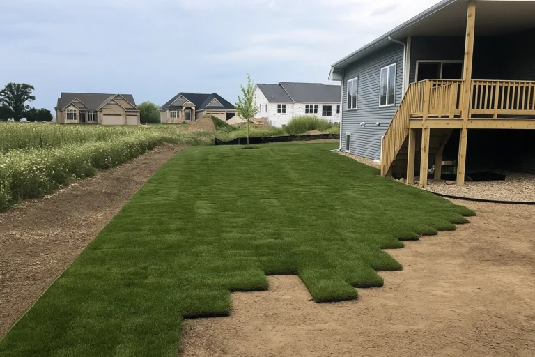 Partially installed sod pieces creating a smooth side lawn transition during a Sod Installation Service by Worthy Landscaping in Montgomery County.