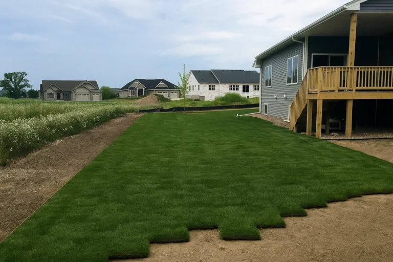 Finished sod lawn hugging the foundation wall with tight seams after a Sod Installation Service by Worthy Landscaping in Montgomery County.