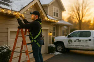 Worthy Landscaping technician on a ladder installing warm white Christmas lights along a home roofline at sunset.