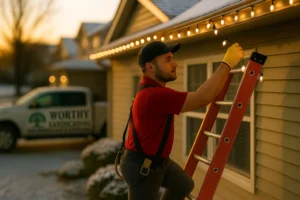 Exterior view of Worthy Landscaping installer on ladder hanging warm white Christmas lights on a house roof.