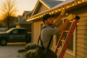 Drone view of Worthy Landscaping service van parked at curb in front of home with warm white Christmas lights.