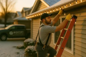 Aerial scene showing Worthy Landscaping van and a house outlined in warm white roof and garage Christmas lights.
