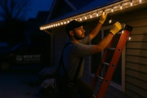 Worthy Landscaping holiday lighting crew decorating a home roofline while a service truck is parked in the background.