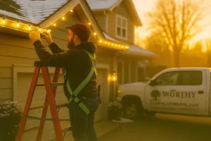 Professional Christmas light installation by Worthy Landscaping showing technician on ladder and blurred company truck.