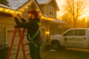 Sunset photo of Worthy Landscaping technician hanging warm white Christmas lights with a soft-focus company truck behind.