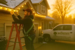 Worthy Landscaping truck in background as technician installs warm white Christmas lights along a home’s roofline.