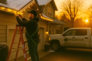 Cozy holiday scene of Worthy Landscaping installer on ladder adding warm white Christmas lights to a house roof.