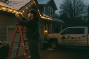 Worthy Landscaping professional securing warm white holiday lights to a home roof edge for Christmas light installation service.
