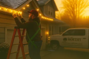 Roofline Christmas light installation by Worthy Landscaping with installer on ladder and softly blurred service truck.
