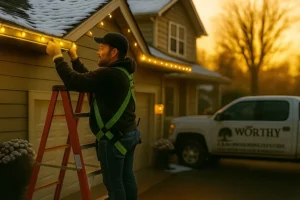 Side view of Worthy Landscaping technician on ladder stringing warm white Christmas lights along front roofline of a home.