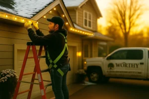 Worthy Landscaping Christmas light installer carefully clipping warm white bulbs to the edge of a house roof.