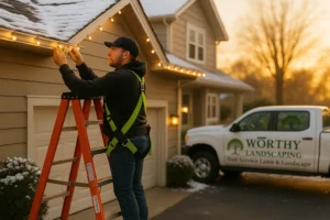 Professional Worthy Landscaping crew member stringing warm white Christmas lights on the front roofline of a suburban home.