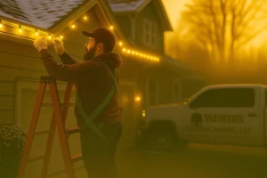 Golden hour holiday lighting install by Worthy Landscaping with roofline wrapped in warm white Christmas lights.