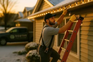 technician on ladder decorating home roofline.