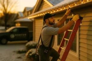 Professional Worthy Landscaping installer adding warm white LED Christmas lights to a home’s roof at sunset.