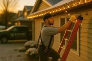 Worthy Landscaping crew member installing warm white Christmas lights along the peak and eaves of a residential roof.