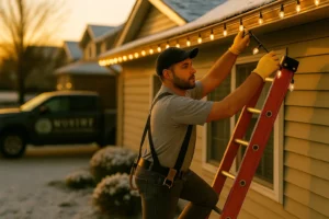 Holiday-ready home with Worthy Landscaping technician on ladder hanging warm white Christmas lights on the roof.