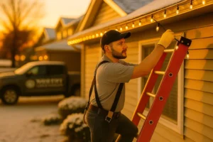Close-up of Worthy Landscaping technician securing warm white Christmas lights to metal gutter clips on a house.
