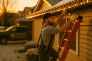 Worthy Landscaping Christmas lighting installer finishing a warm white roofline display during evening light.
