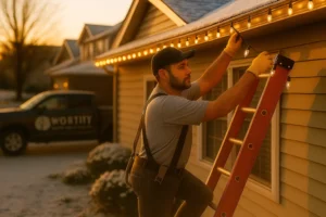 Residential Christmas light installation by Worthy Landscaping with warm white roofline lights and installer on ladder.
