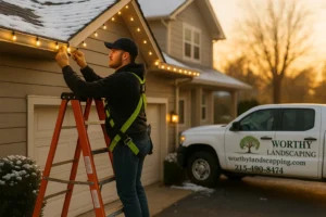 Worthy Landscaping holiday lighting technician carefully attaching warm white LED Christmas lights to a home’s gutters.